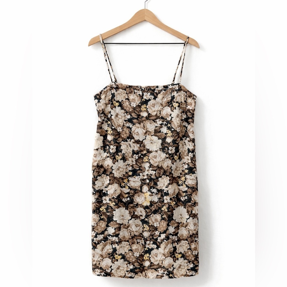 Abercrombie & Fitch Linen Blend Floral Slip Dress Brown Cream Spaghetti Strap LP